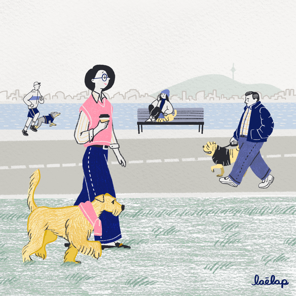 Illustration of people and their dogs wearing similar style clothing walking down a road in South Korea