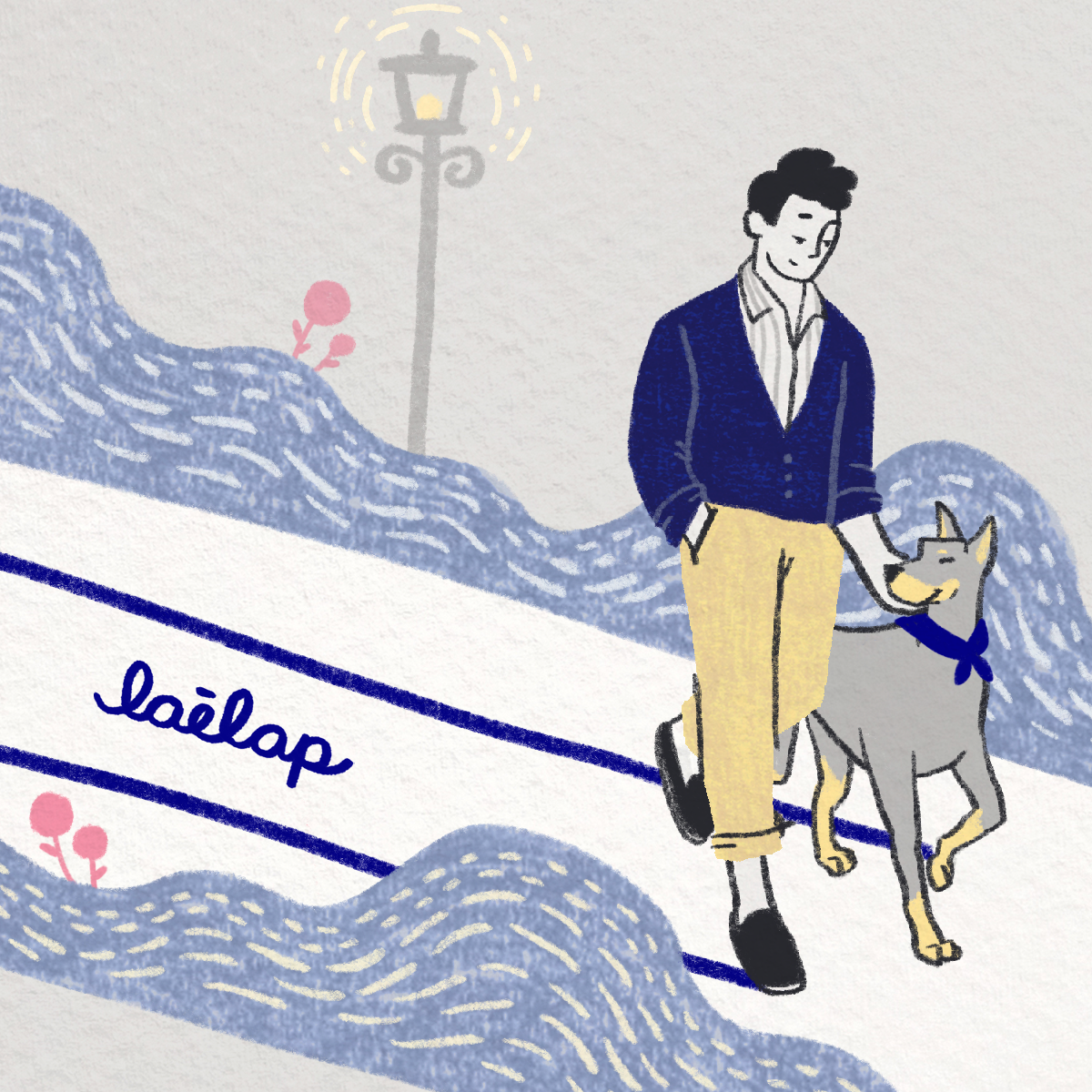 Illustration of a man and a dog walking down a road with the words laēlap written on the ground