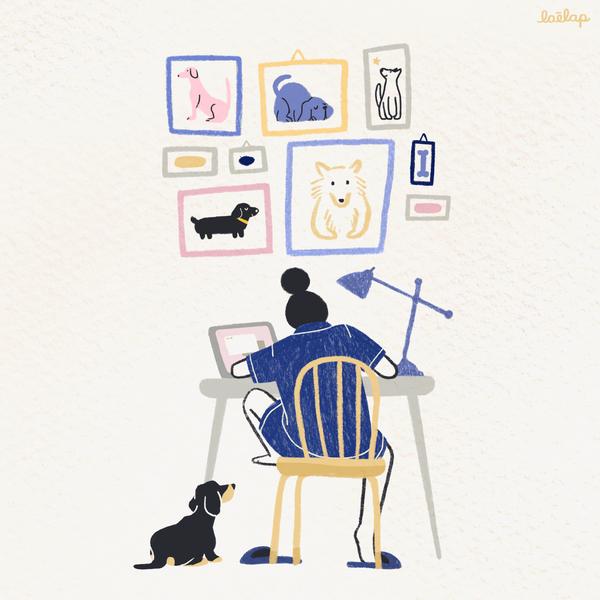 Illustration of a woman working at a desk with her dog to her side